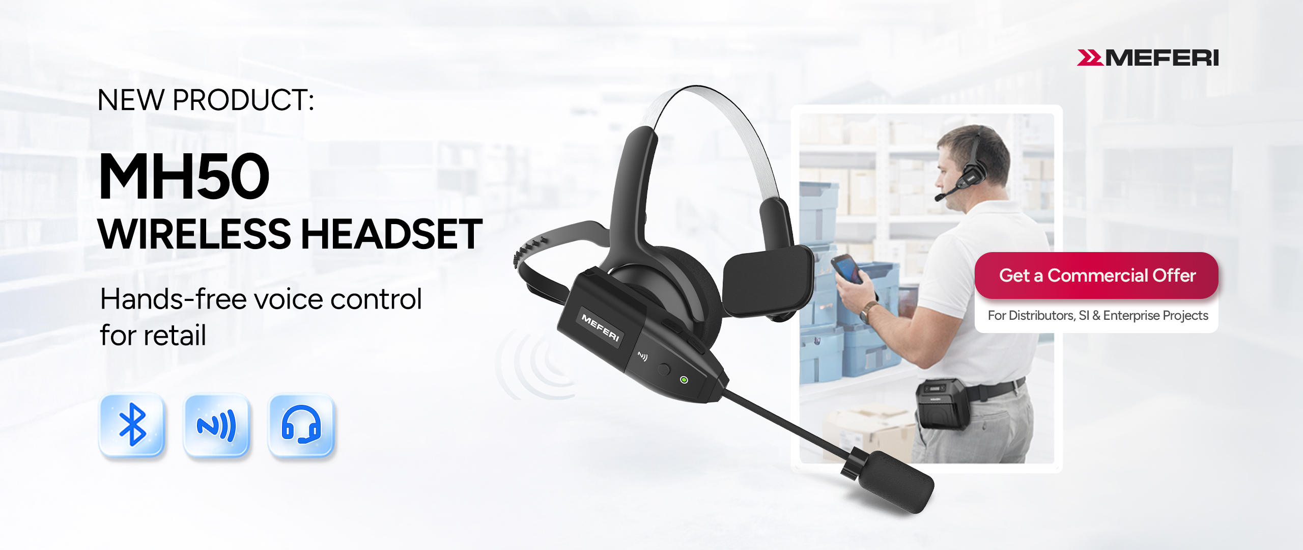 MH50 Wireless Headset Promo Banner - 2560x1080 MH50 industrial wireless headset for retail voice picking and hands-free communication - MEFERI