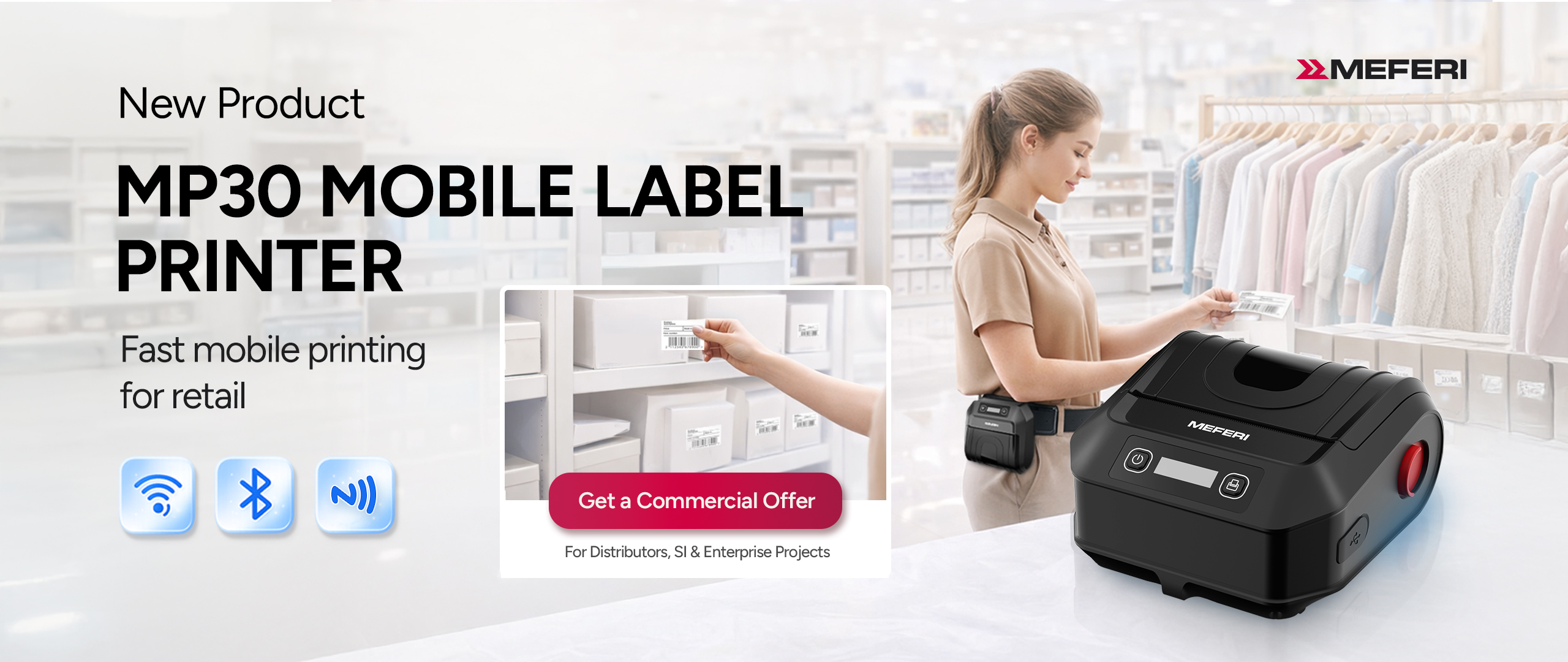 MP30 Mobile Label Printer Promo Banner - 2560x1080 MP30 mobile label printer for retail operations by MEFERI