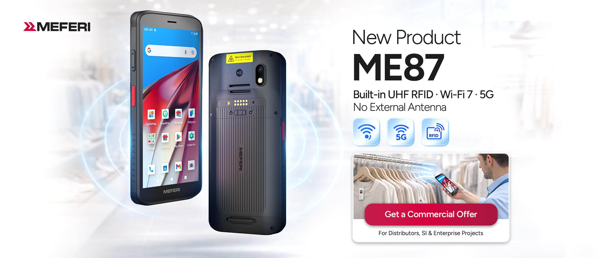 ME87 Promo Banner - 2560x1080 ME87 industrial mobile computer with built-in UHF RFID, Wi-Fi 7 and 5G - MEFERI