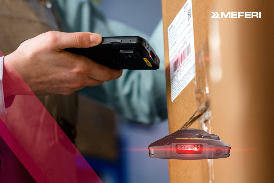 MEFERI rugged enterprise device scanning a barcode on a large warehouse box