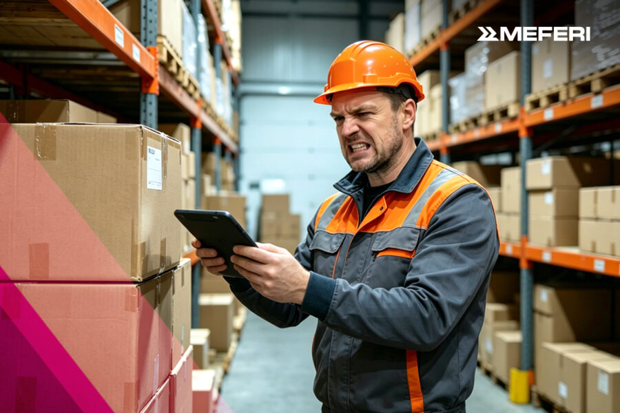 Irritated warehouse worker trying to scan an item with a consumer tablet