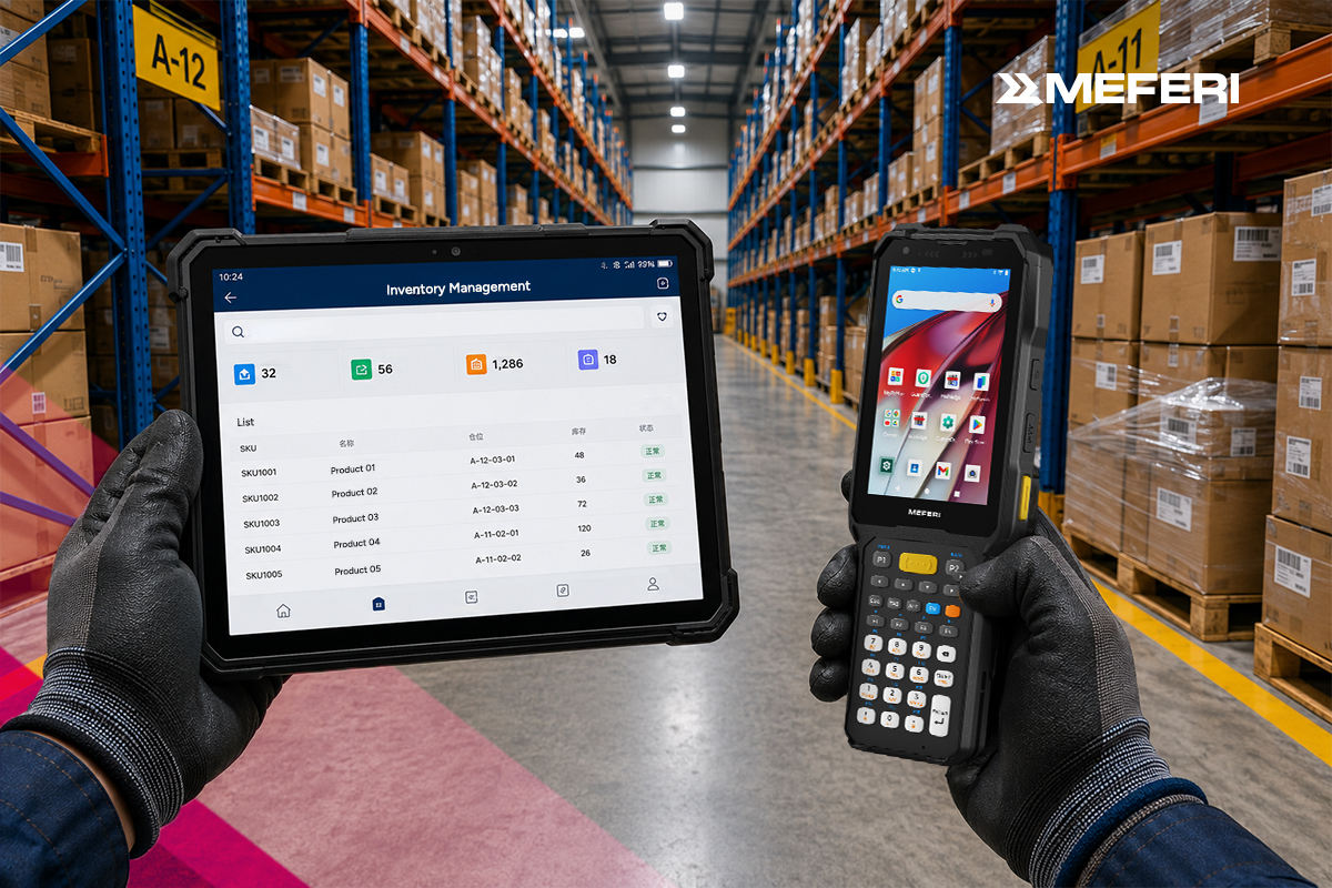 Warehouse worker comparing a consumer device and a MEFERI rugged enterprise terminal