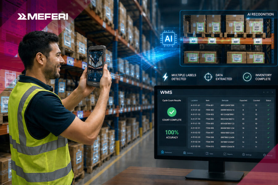 Warehouse worker using an enterprise mobile computer for AI-powered inventory verification