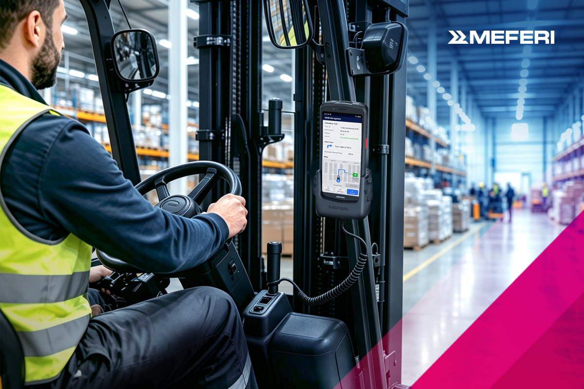 Forklift operator using a vehicle-mounted mobile computer in a warehouse