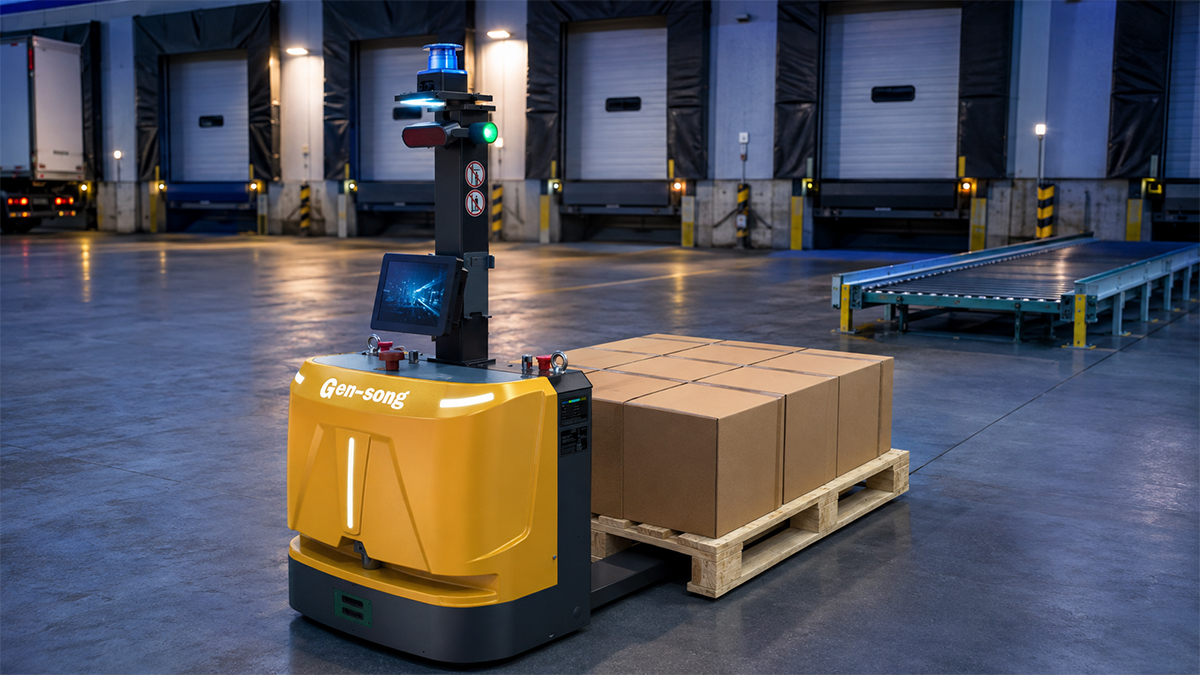 Autonomous pallet transport robot carrying boxes near warehouse loading docks