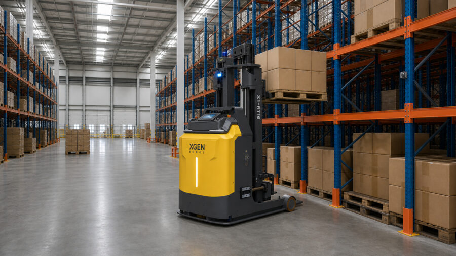 Robotic forklift placing a pallet of boxes onto a warehouse rack