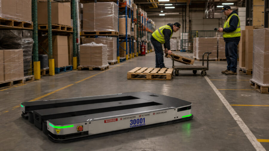Autonomous mobile robot operating in a warehouse alongside a worker and pallets