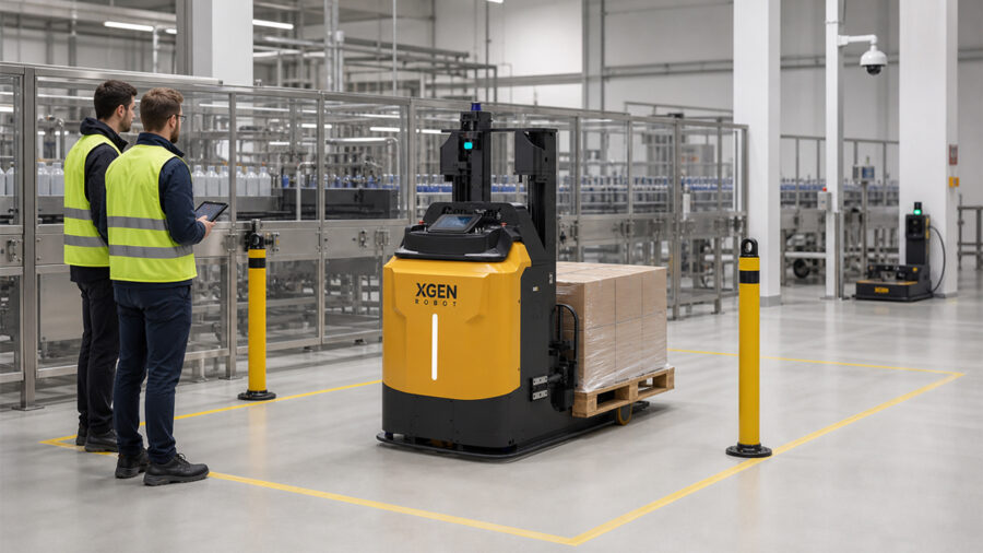 Autonomous pallet transport robot carrying a load through a warehouse