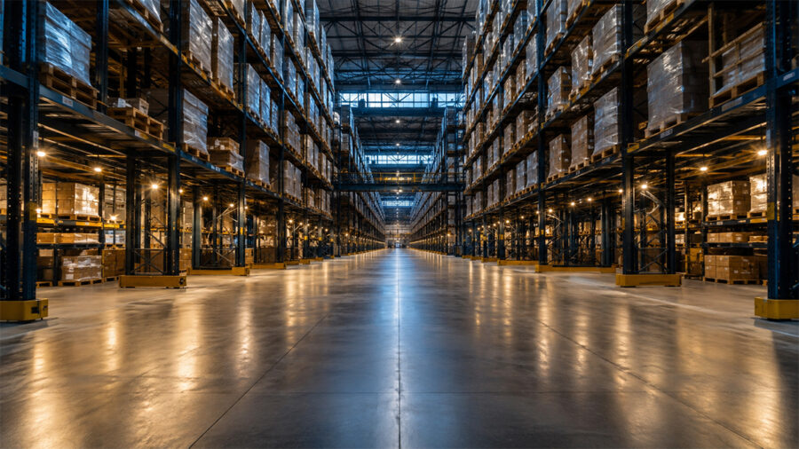 High-bay warehouse with pallet racks and a wide central aisle