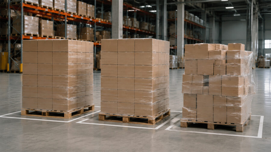 Three pallets with differently arranged cardboard boxes in a warehouse